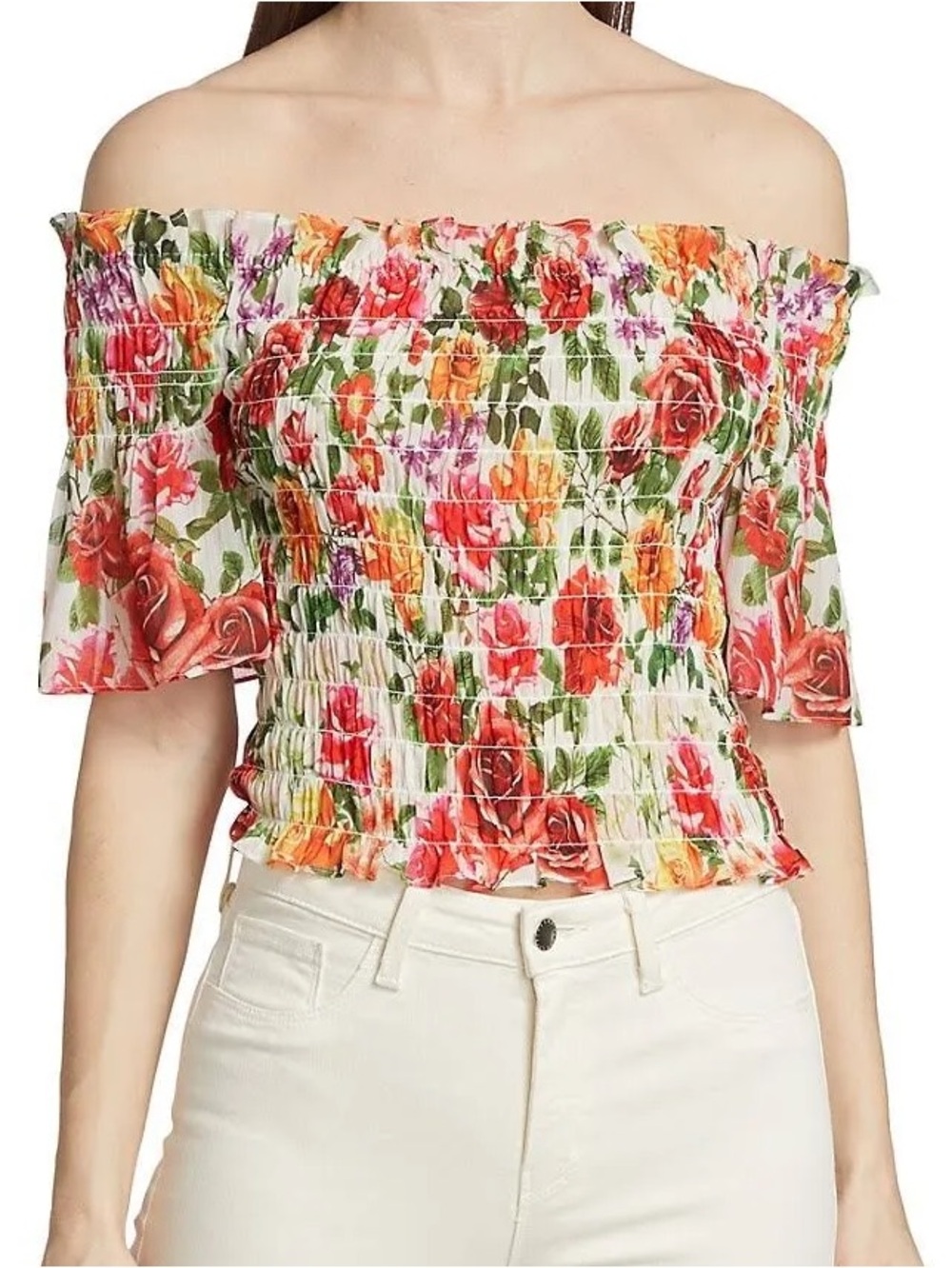 L'Agence Bexley Smocked Floral Off Shoulder Top Small S, Flutter Half Sleeves
